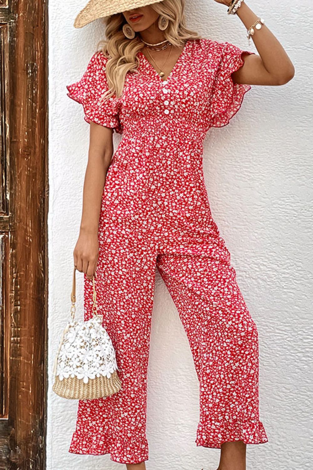 Printed Tie Back Ruffled Jumpsuit nicholesgifts