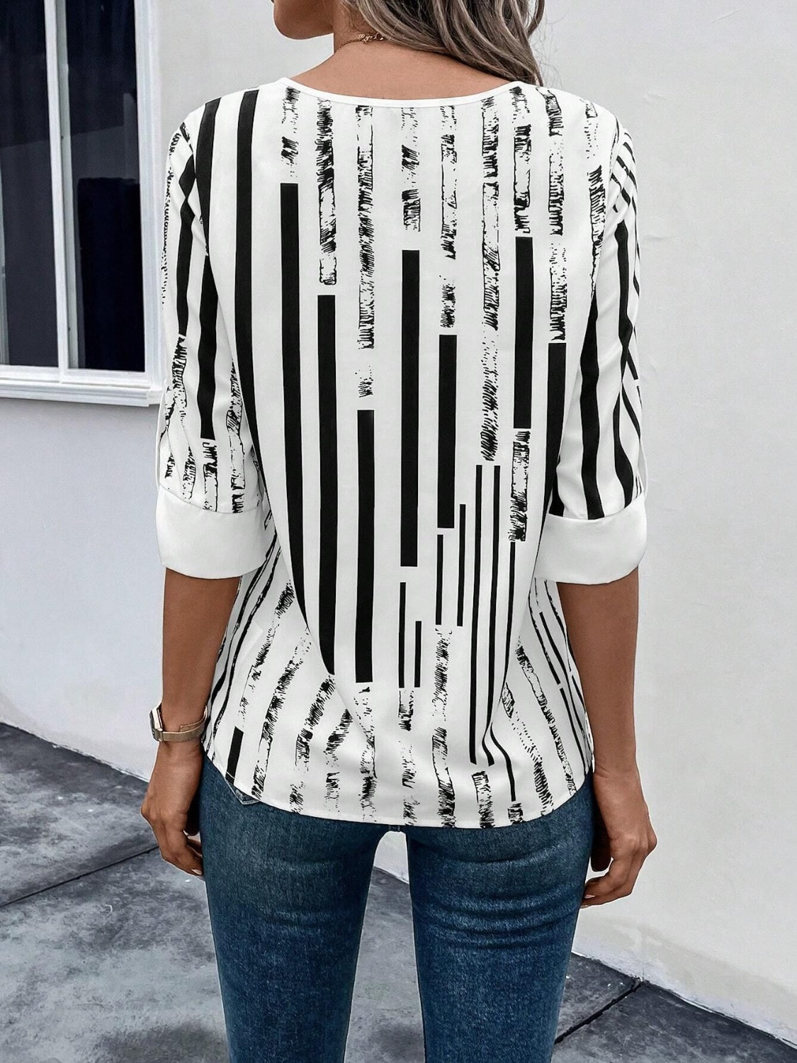 Striped Notched Half Sleeve Blouse nicholesgifts