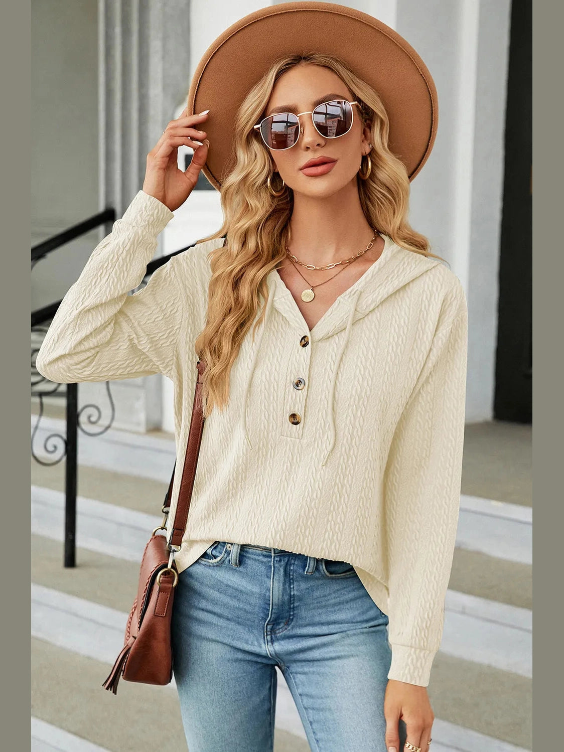 Drawstring Half Button Long Sleeve Hoodie nicholesgifts