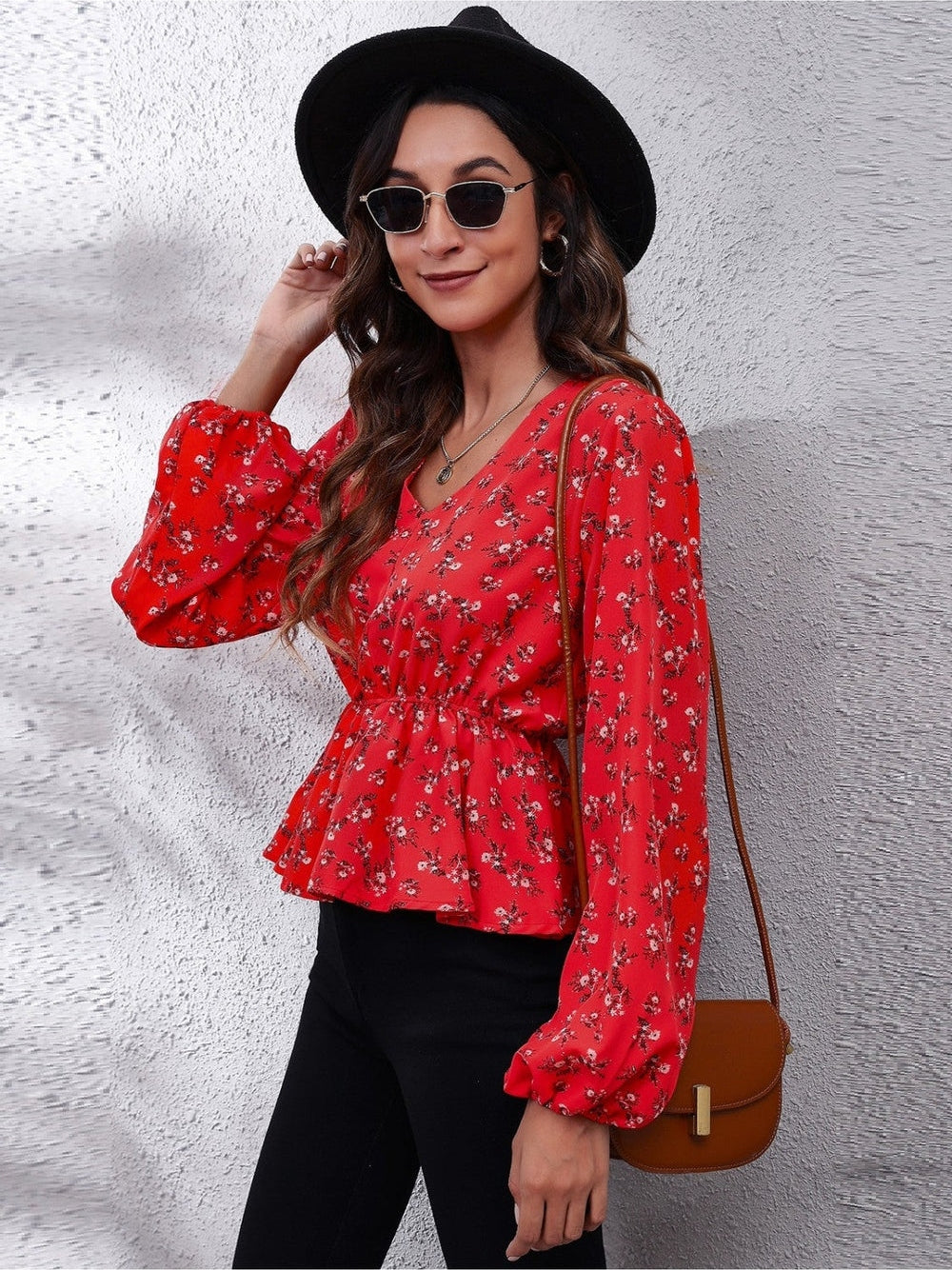 Women Women Floral V-Neck Balloon Sleeve Peplum Blouse nicholesgifts