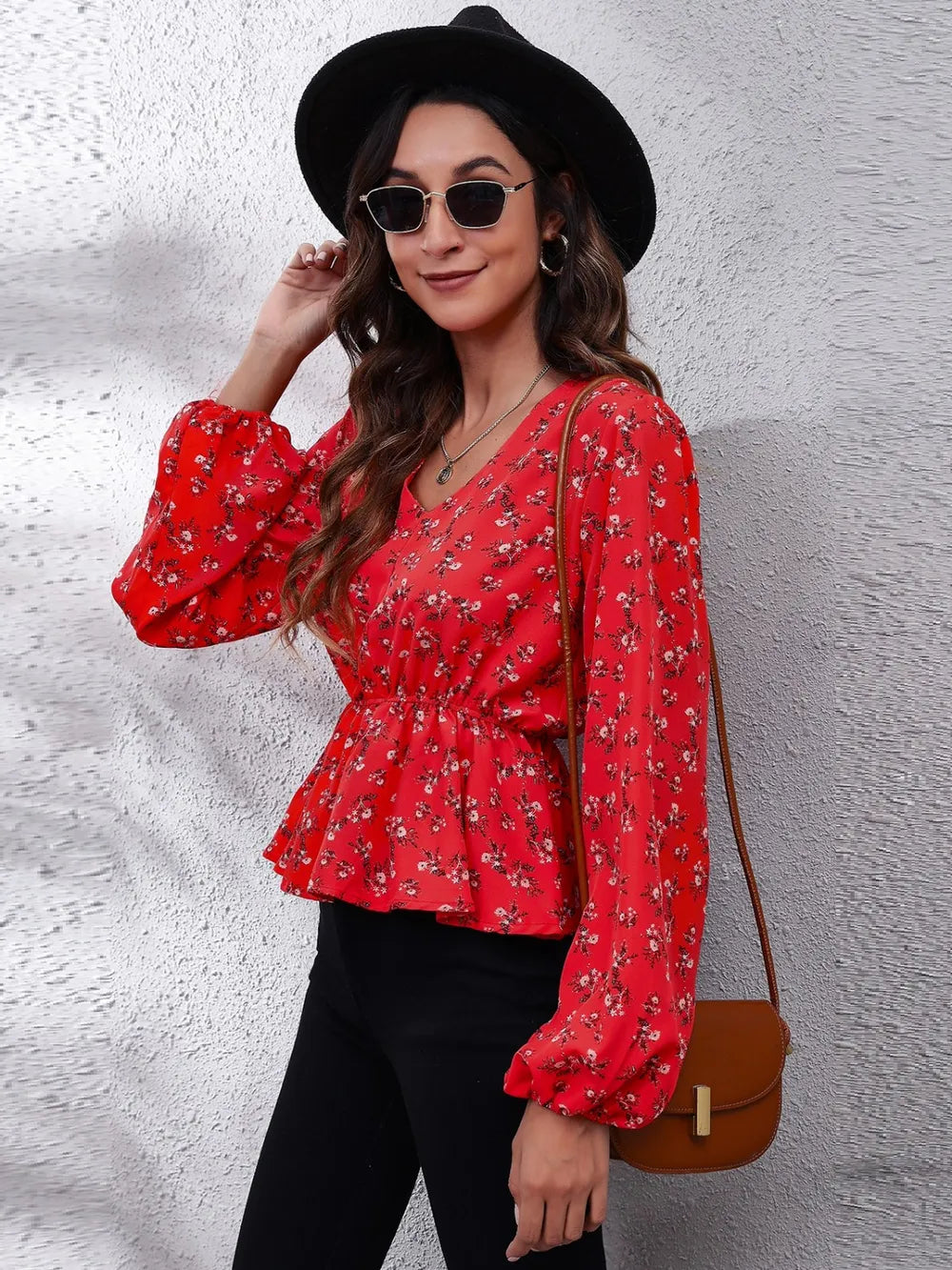 Floral V-Neck Balloon Sleeve Peplum Blouse nicholesgifts
