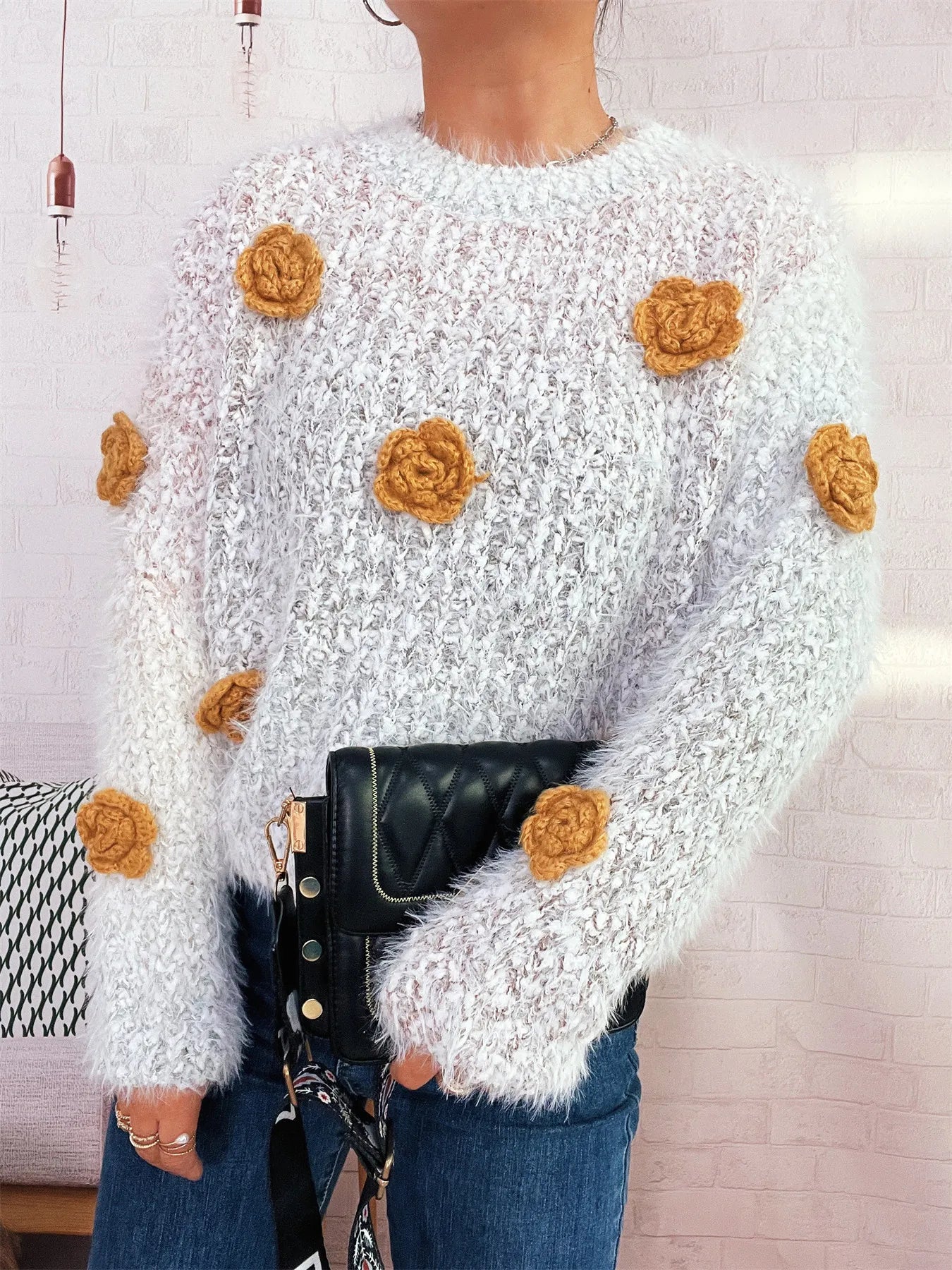 Flower Embellished Round Neck Sweater