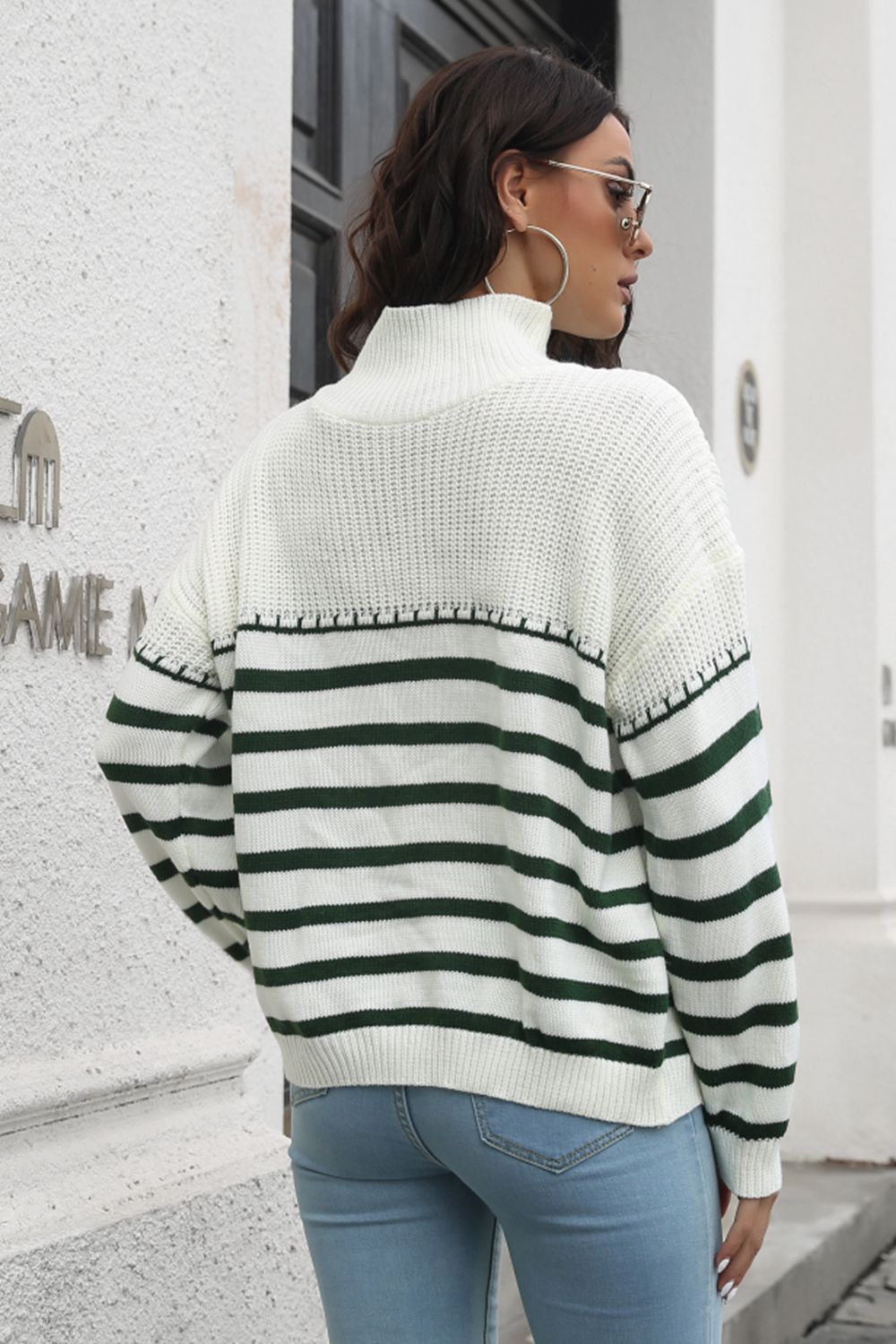 Striped Turtleneck Drop Shoulder Sweater nicholesgifts