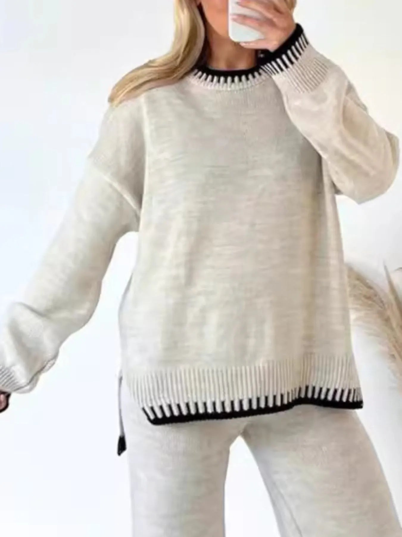 Contrast Trim Round Neck Top and Pants Sweater Set NicholesGifts