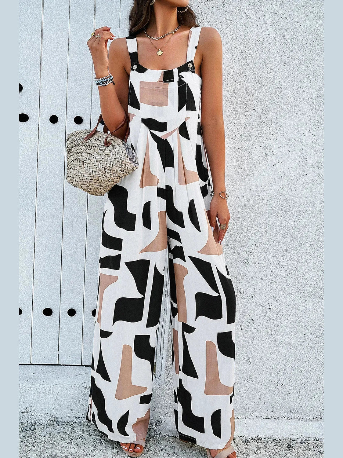 Devine Printed Wide Strap Jumpsuit with Pockets nicholesgifts