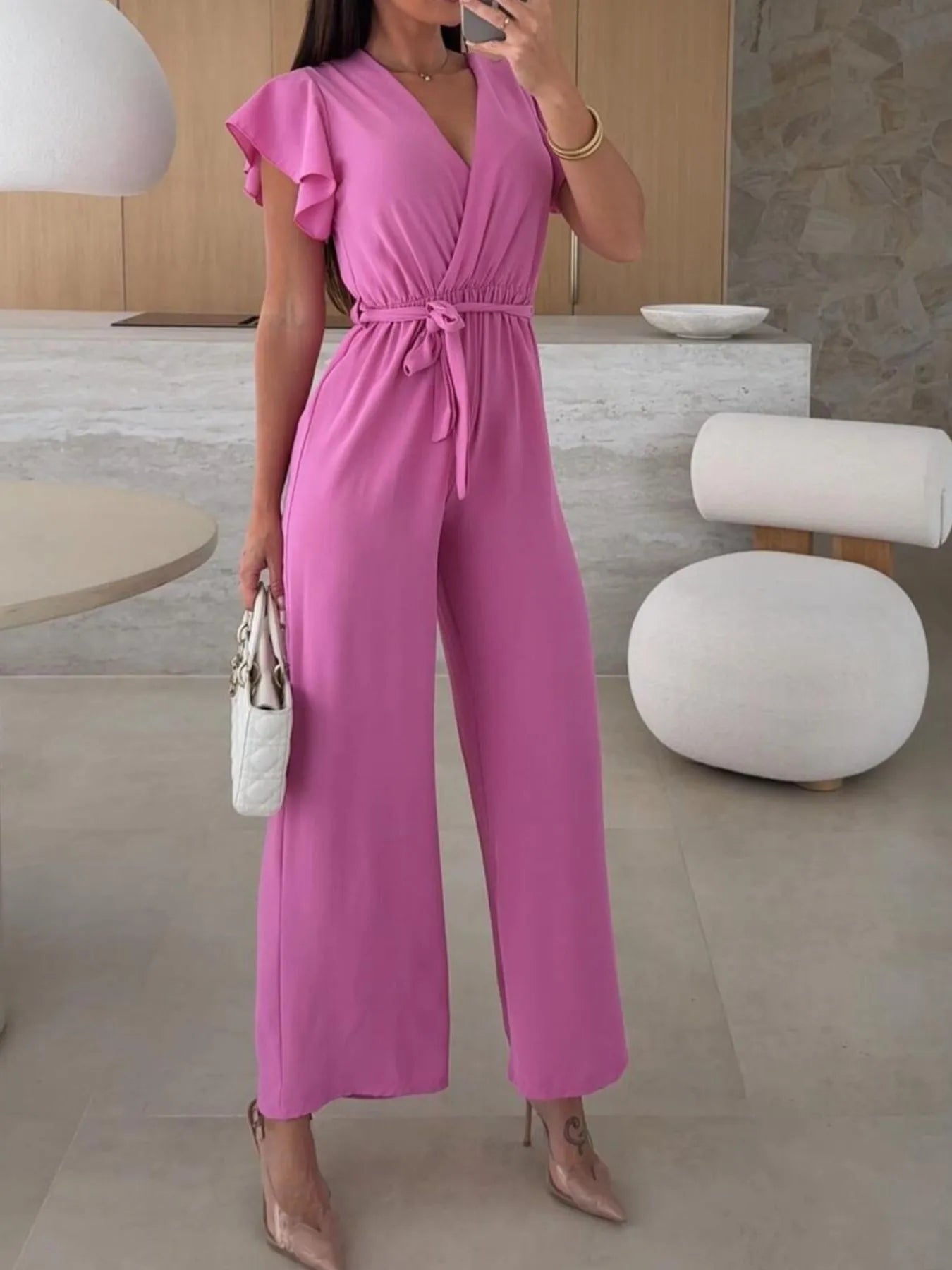 Surplice Wide Leg Belted Jumpsuit nicholesgifts