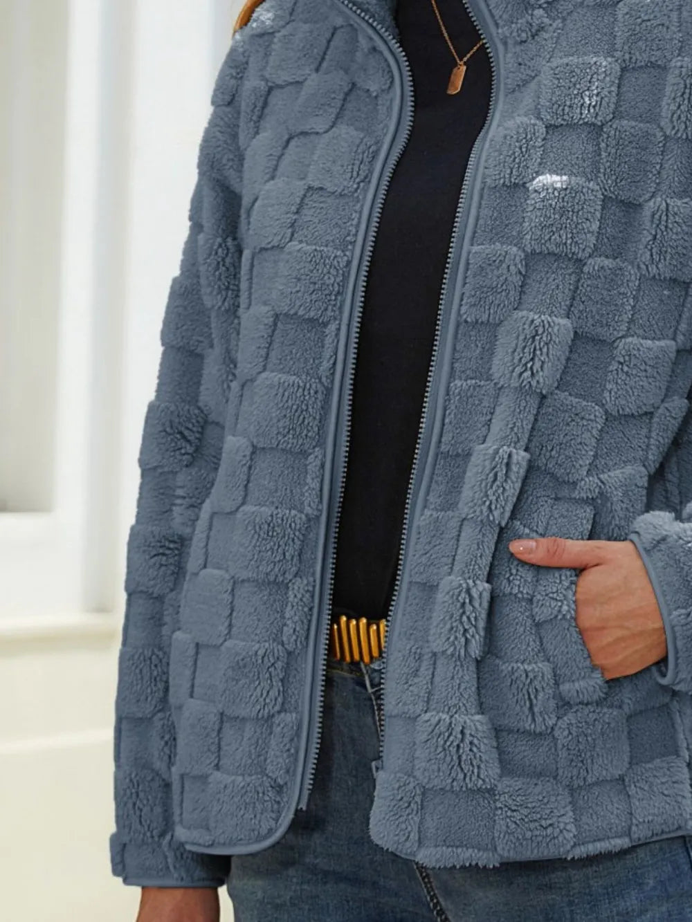 Fuzzy Checkered Zip Up Jacket nicholesgifts