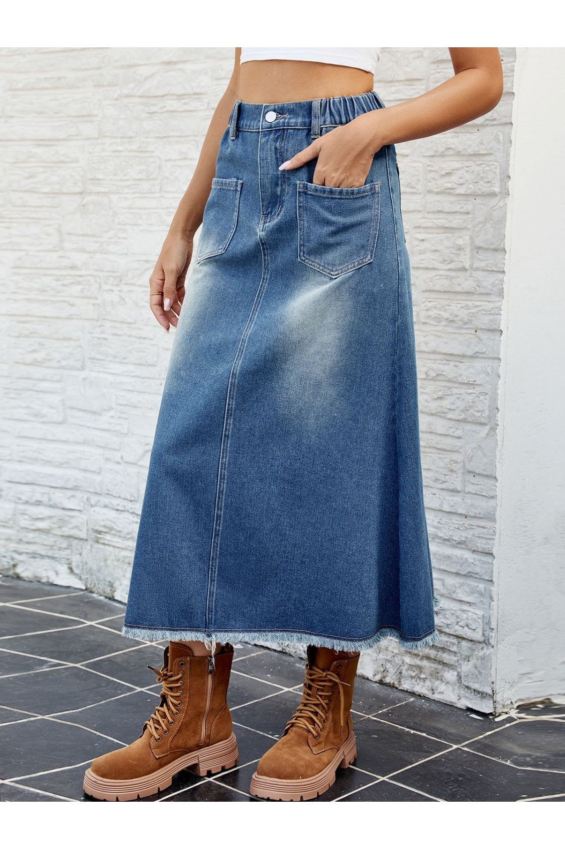 Raw Hem Buttoned Denim Skirt with Pockets nicholesgifts