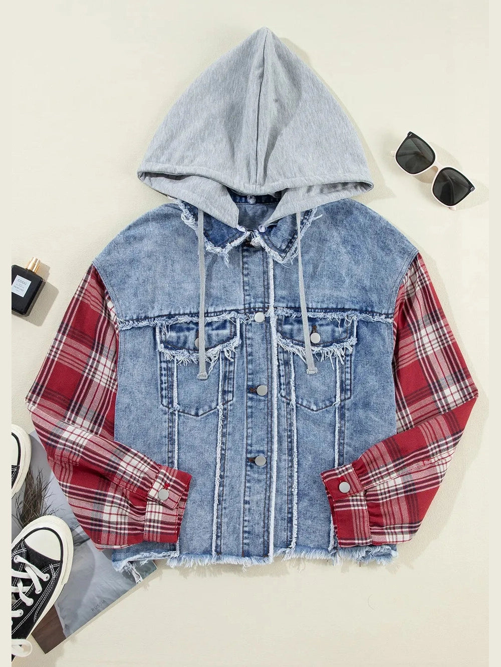 Raw Hem Drawstring Plaid Denim Jacket nicholesgifts