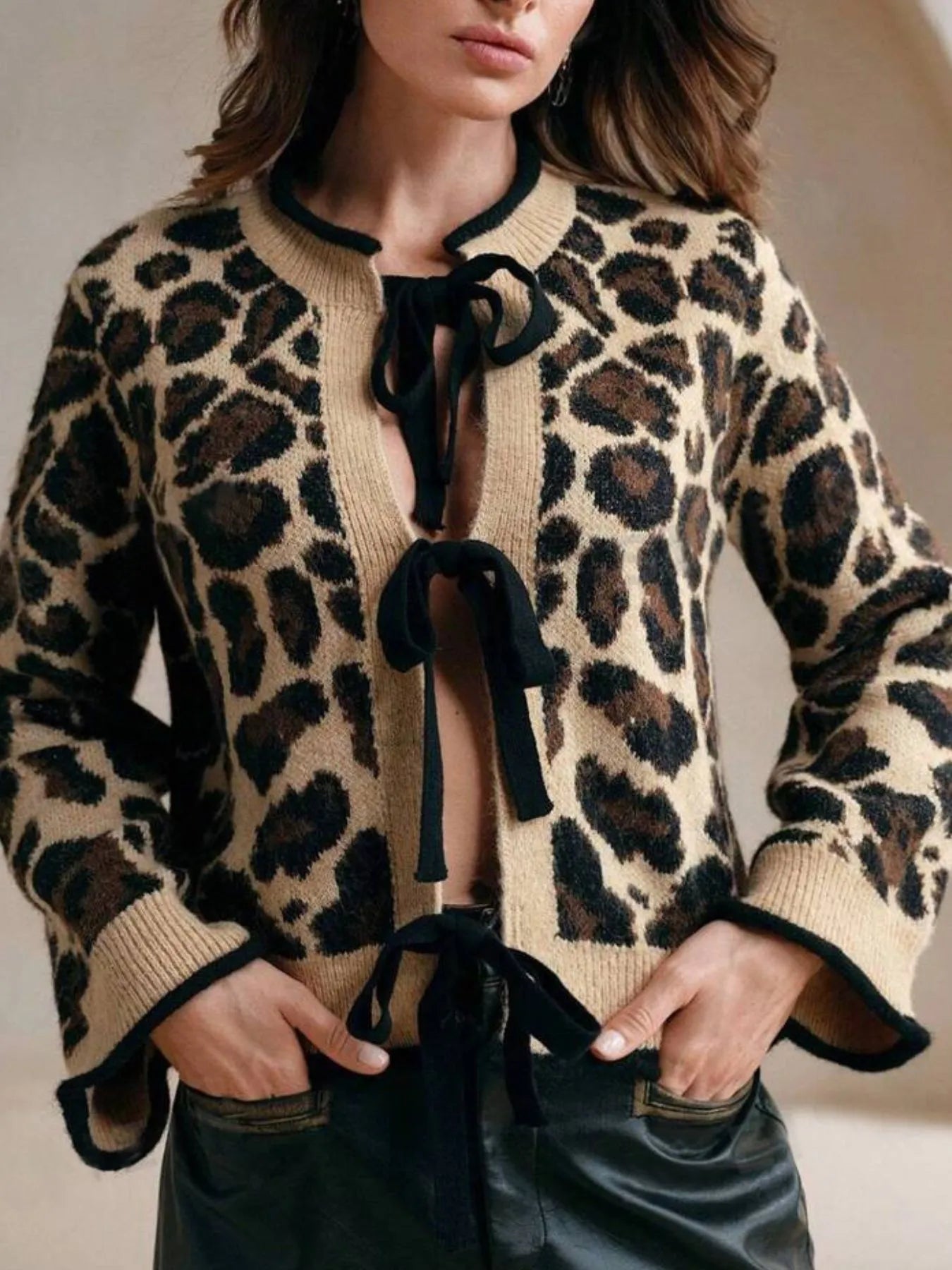 Leopard Print Bow-Tie Front Cropped Cardigan