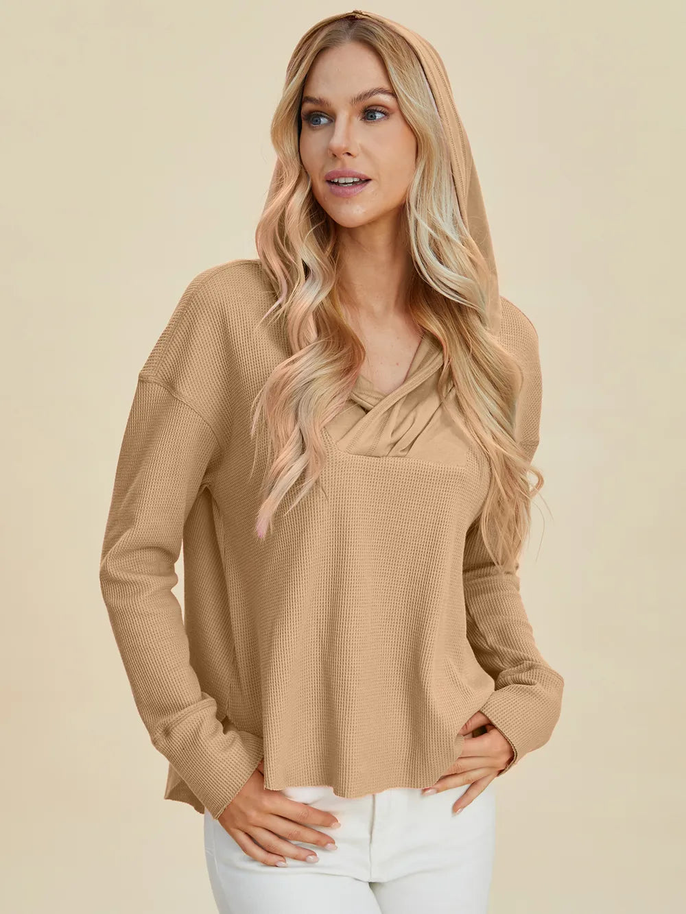Double Take Full Size High-Low Dropped Shoulder Long Sleeve Hoodie Trendsi