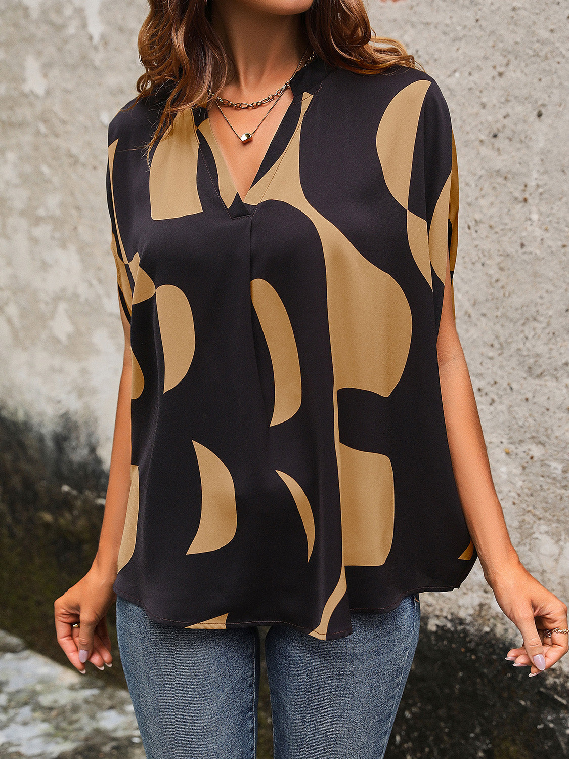 Printed Notched Slit Half Sleeve Blouse nicholesgifts