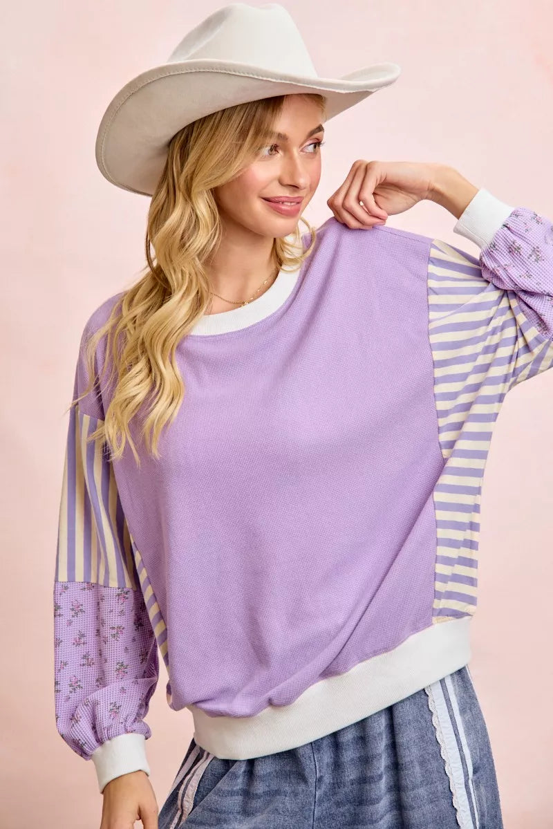 BiBi Mix and Match Sweatshirt with Floral Sleeve Striped Trendsi