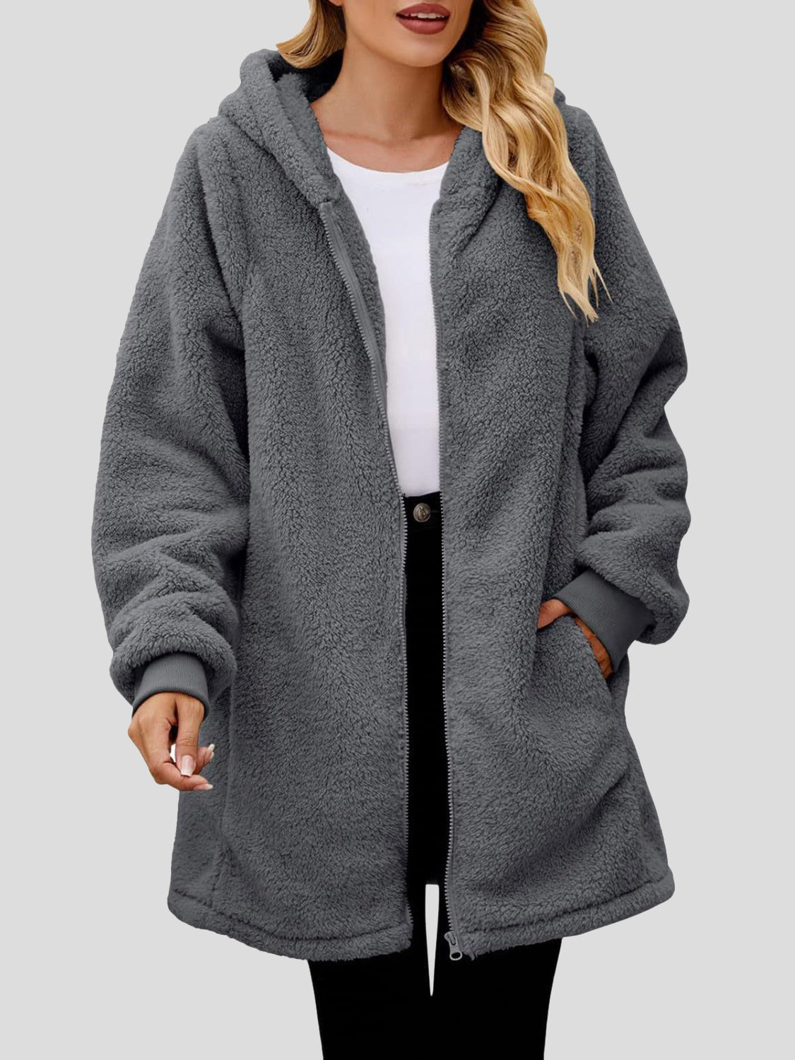 Fuzzy Pocketed Zip Up Long Sleeve Hooded Jacket NicholesGifts