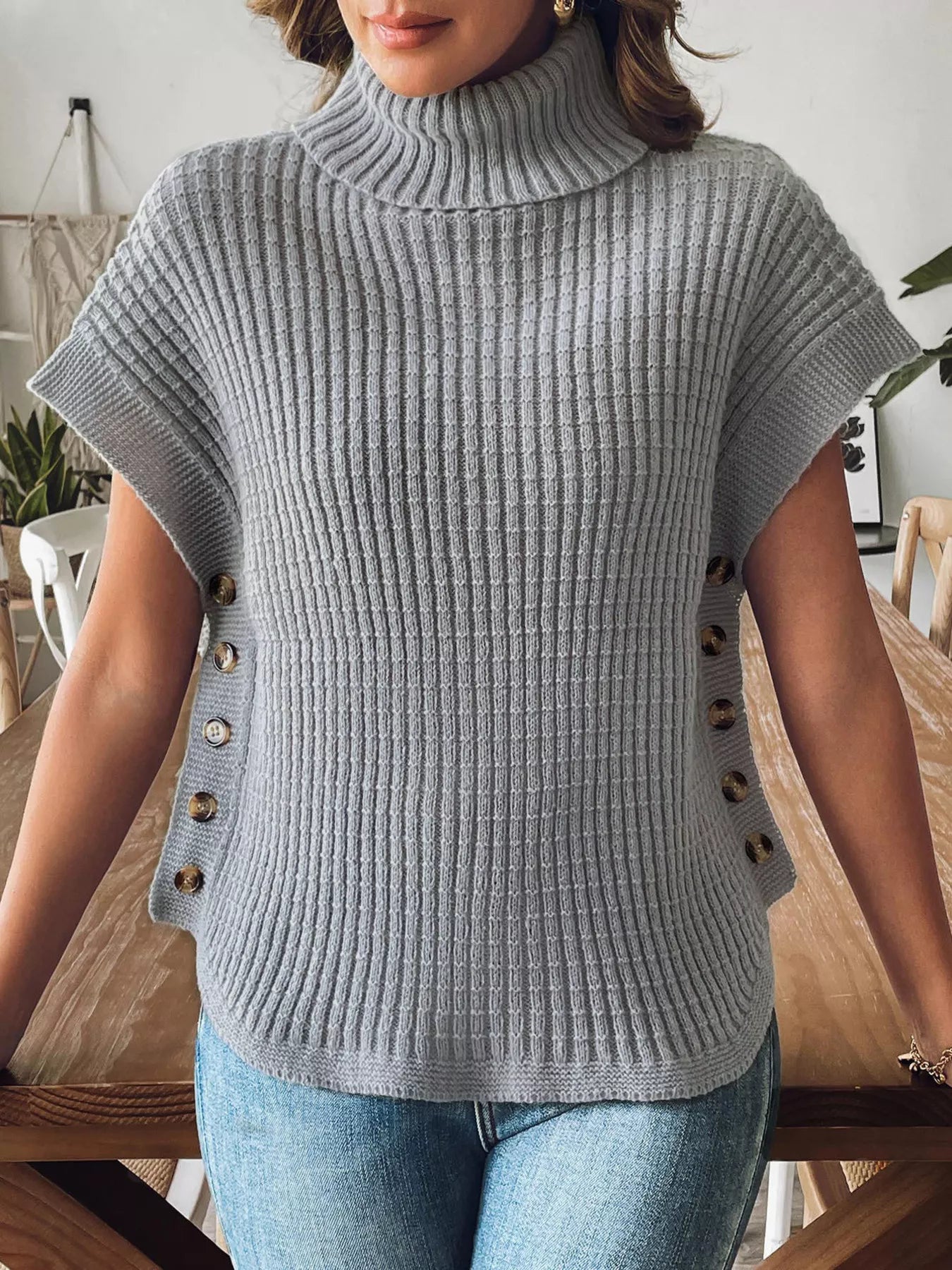 Turtleneck Side Decor Button Sweater Vest nicholesgifts