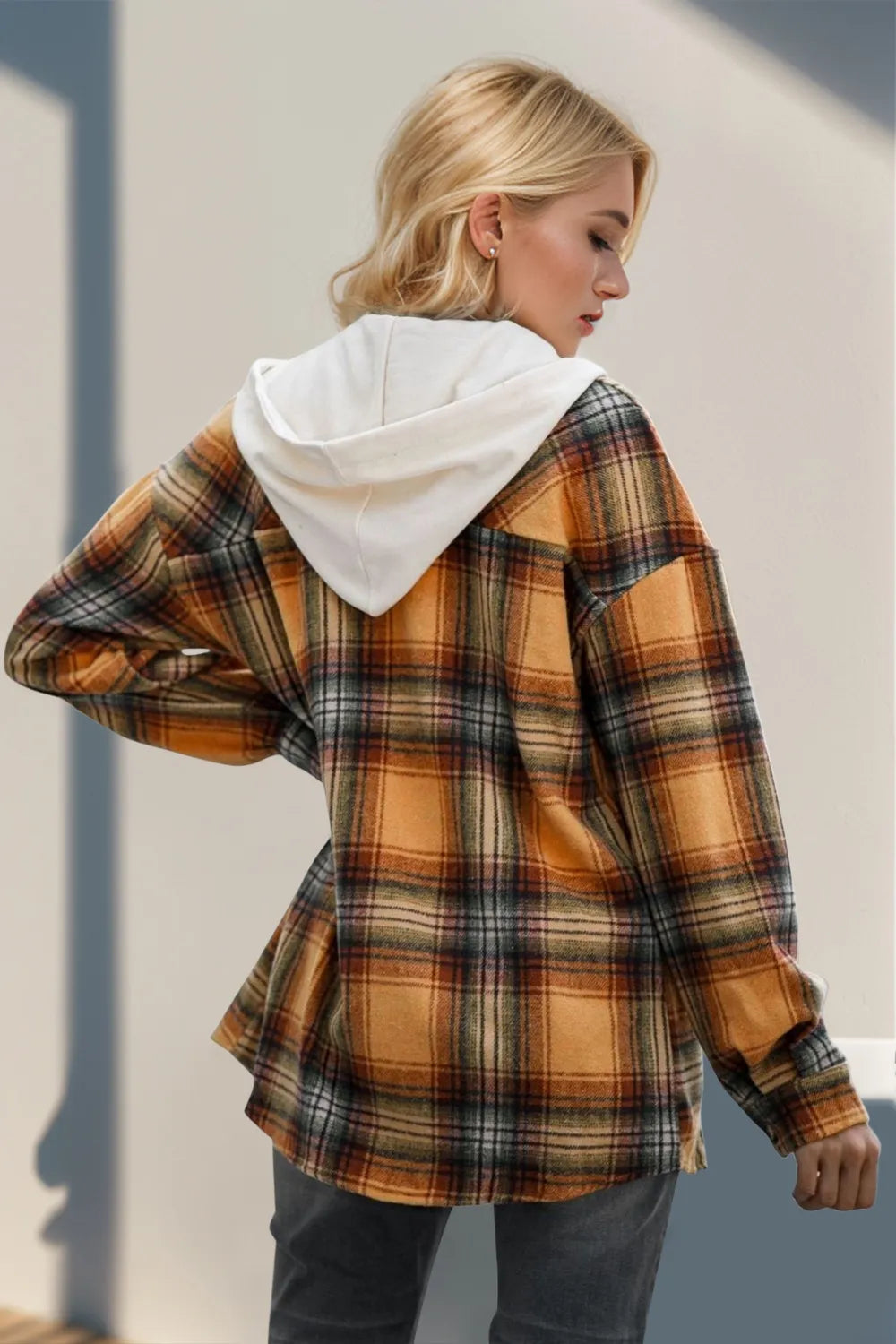 Double Take Drawstring Plaid Long Sleeve Hooded Shacket Trendsi