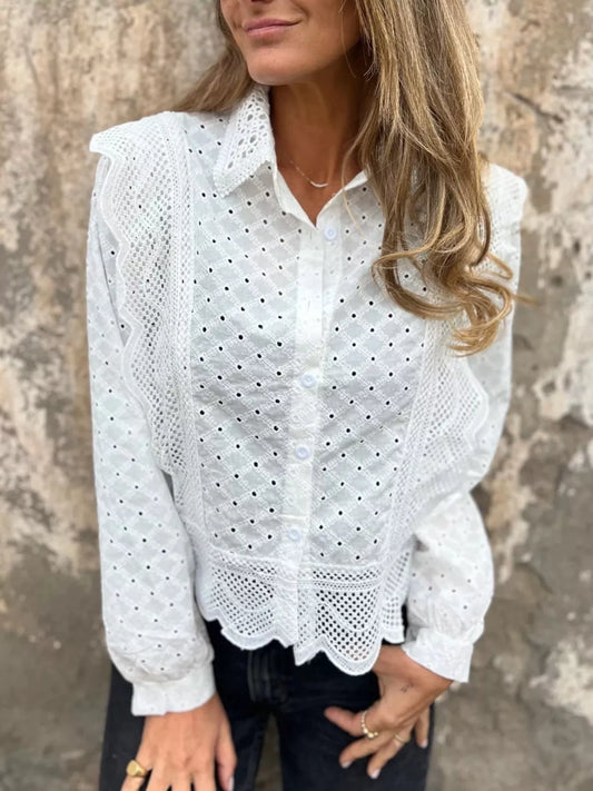 Eyelet Button-Up Shirt with Scalloped Hem