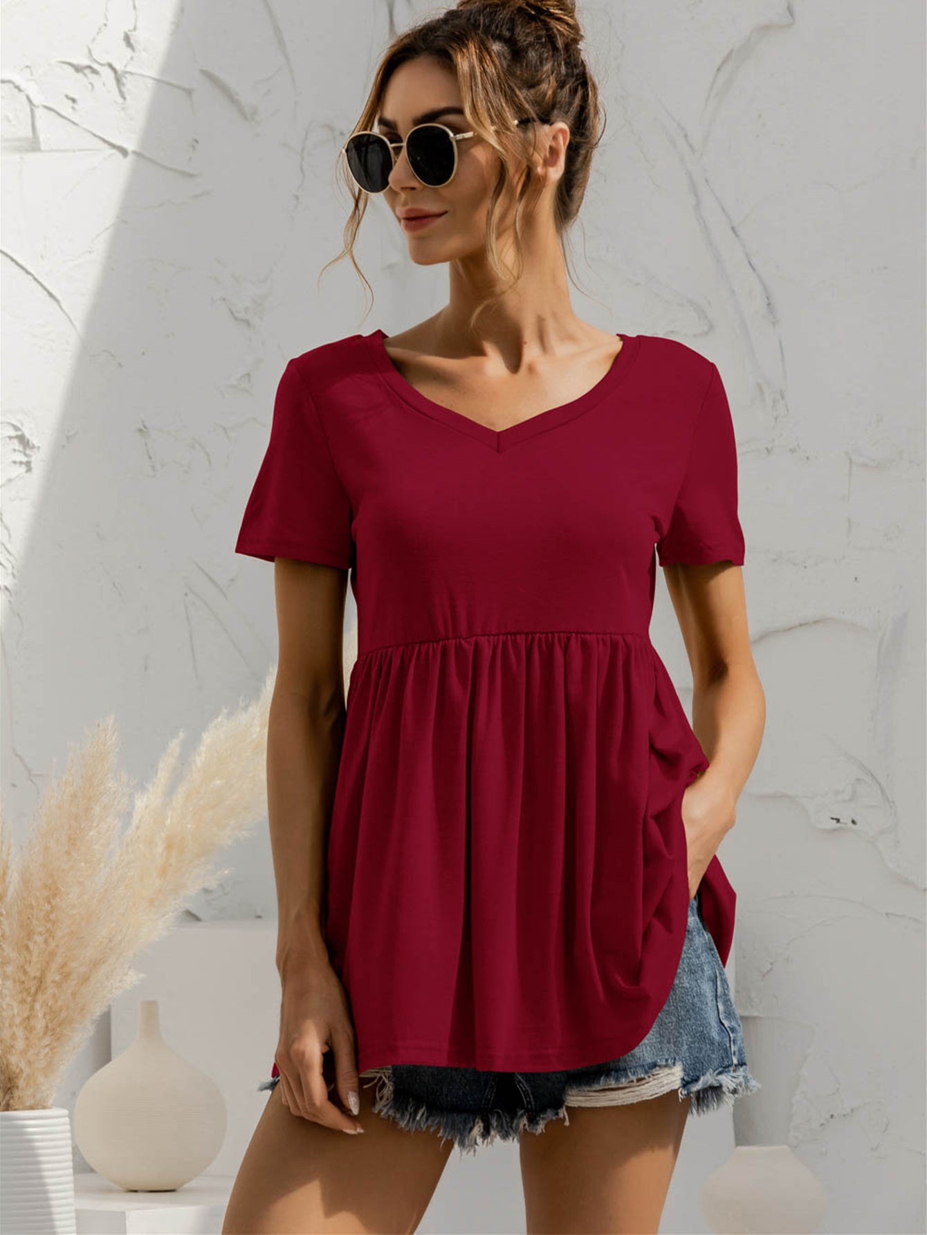 V-Neck Short Sleeve Babydoll Top NicholesGifts