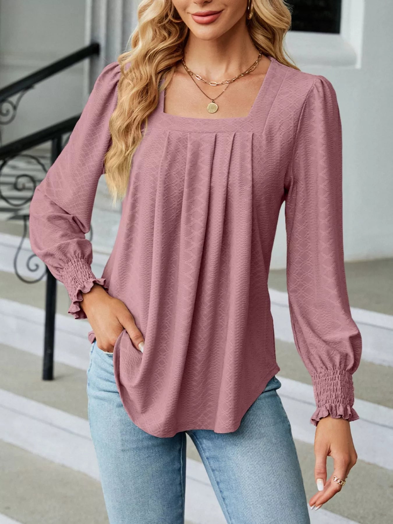 Pleated Square Neck Long Sleeve Top Trendsi