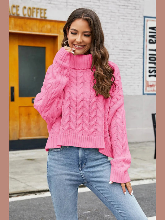 Turtleneck Cable-Knit Long Sleeve Sweater Trendsi
