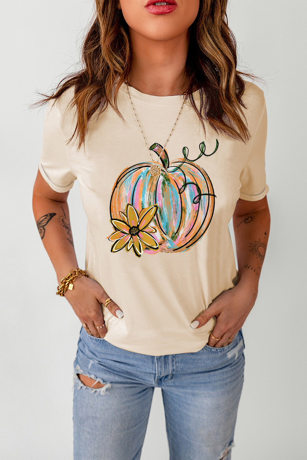 Pumpkin Graphic Round Neck T-Shirt NicholesGifts