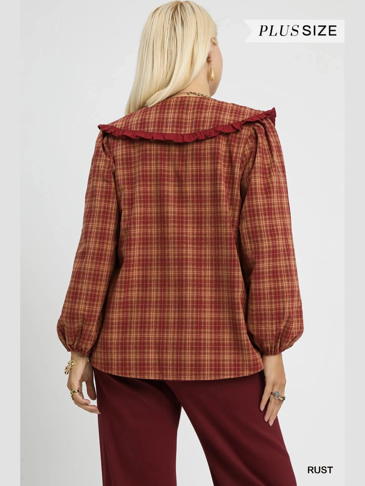 Umgee Full Size Plaid Ruffle Collar Blouse Plus Size NicholesGifts