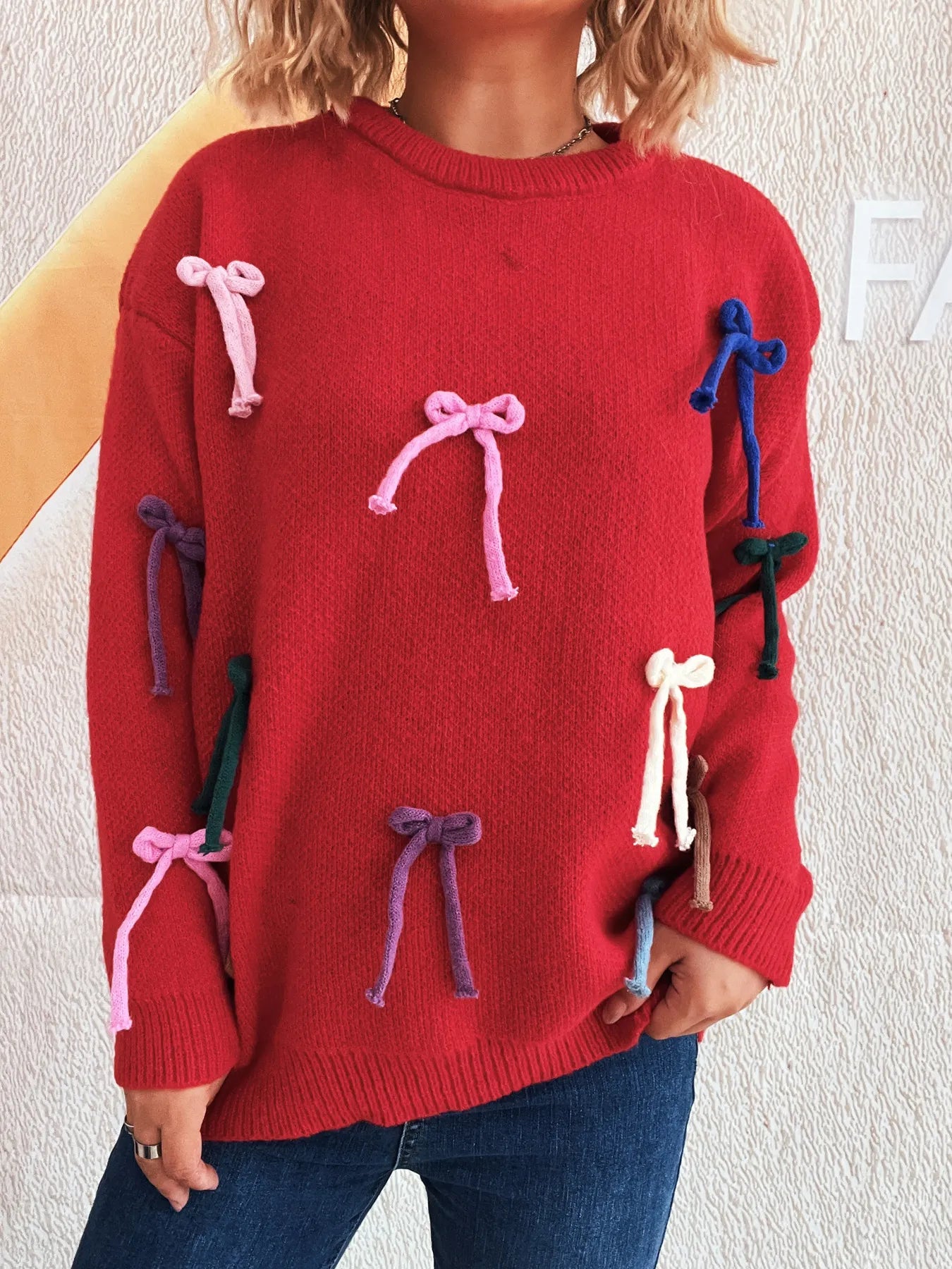 Colorful Bow Round Neck Sweater