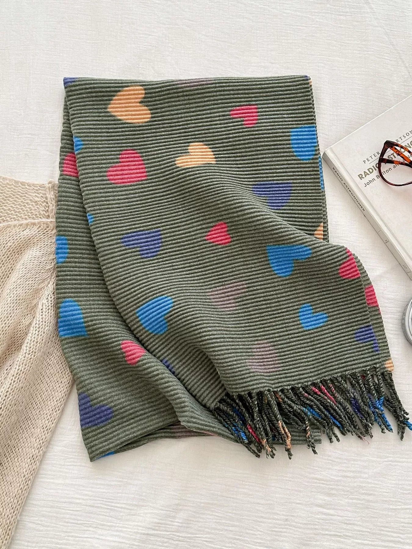 Women Heart Patterned Tassel Scarf Valentine's Day Gift For Her nicholesgifts