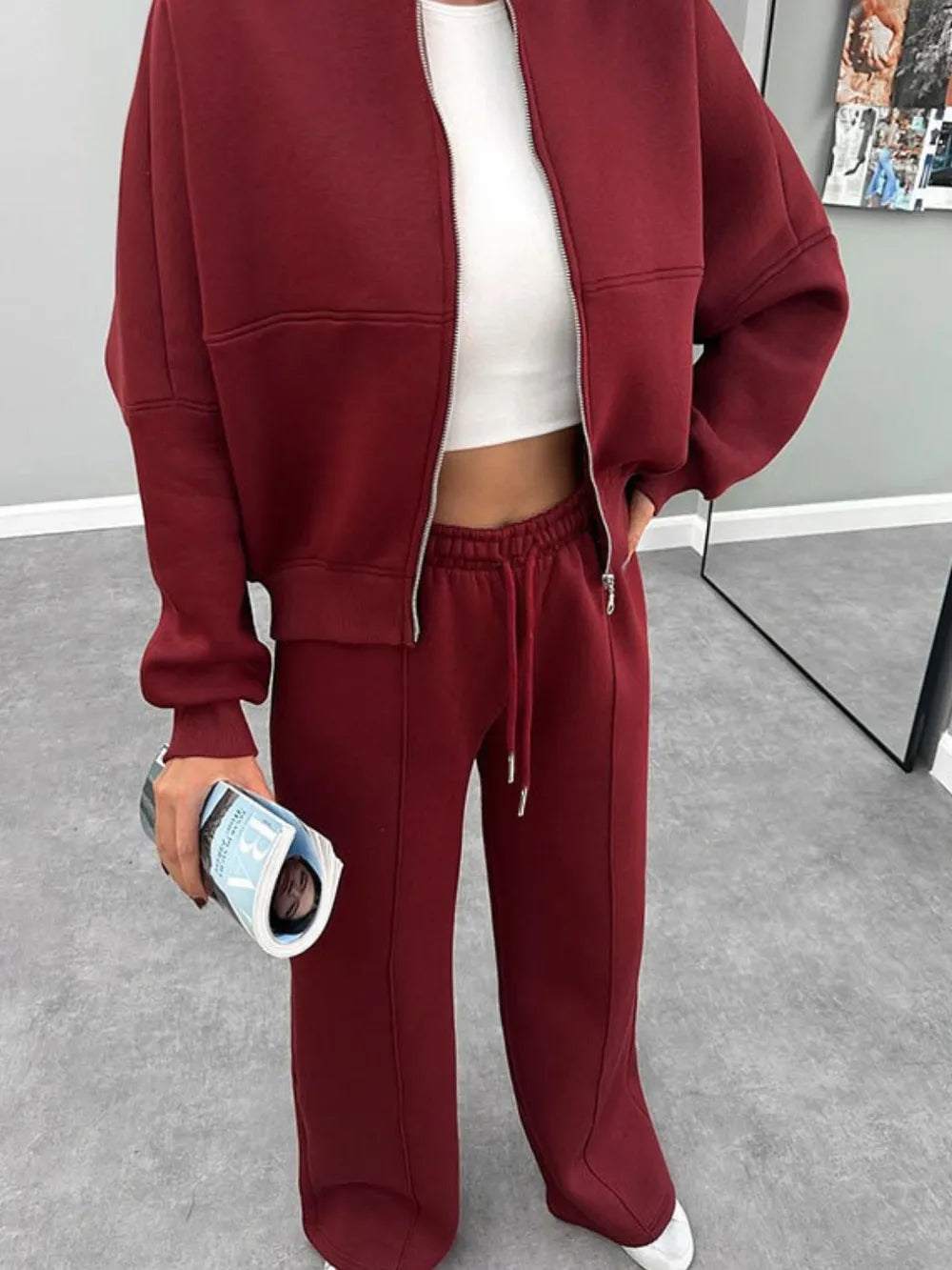 Baseball Collar Zip Up Outerwear and Drawstring Pants Set nicholesgifts
