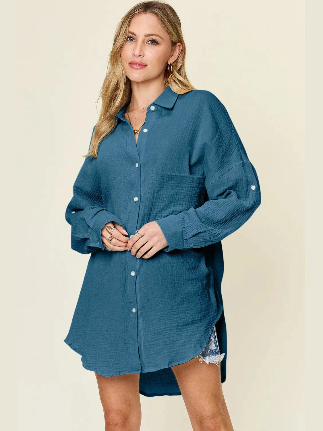 Double Take Full Size Pocketed Texture Button Up Shirt