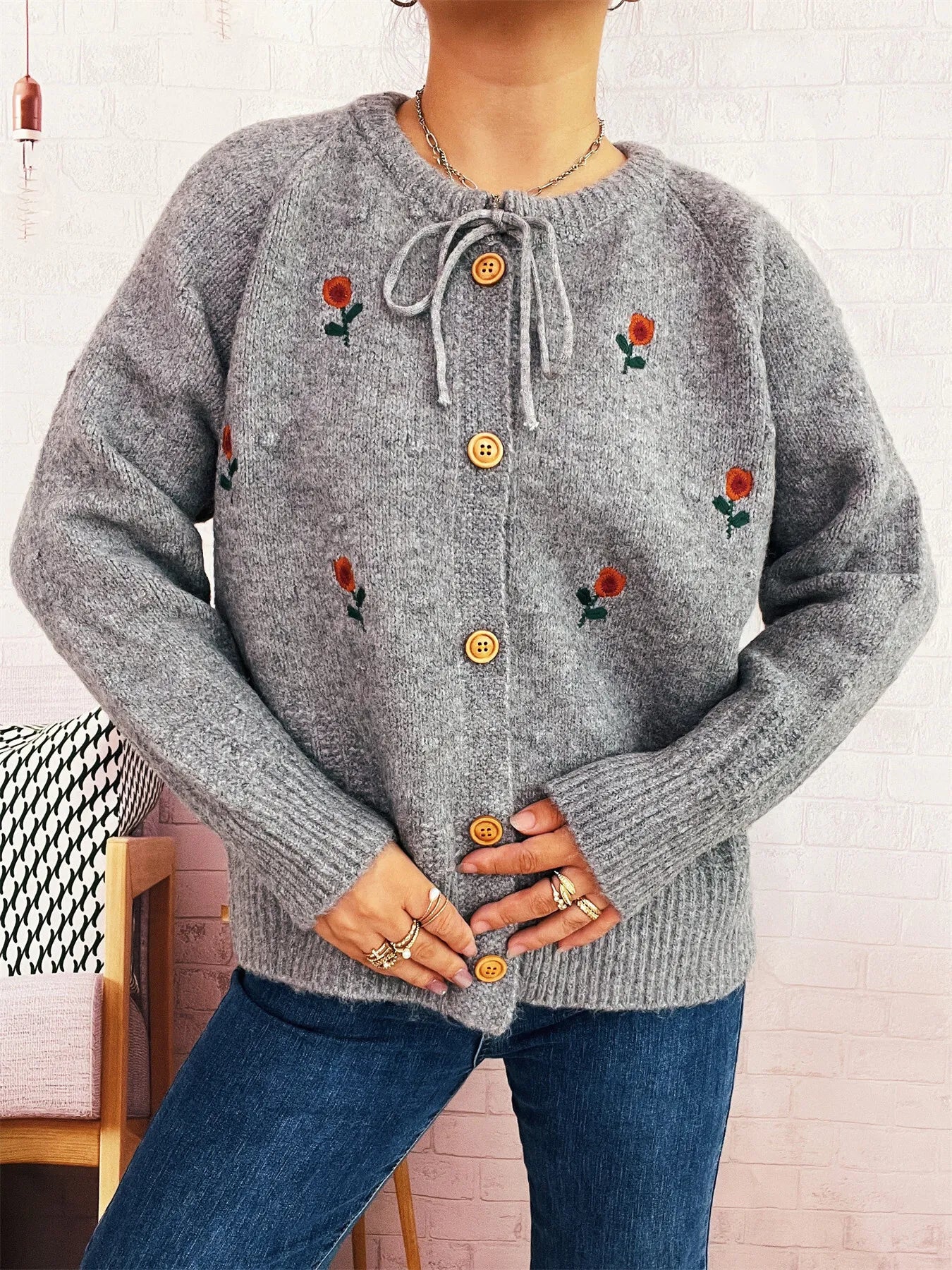 Rose Embroidered Button-Up Cardigan
