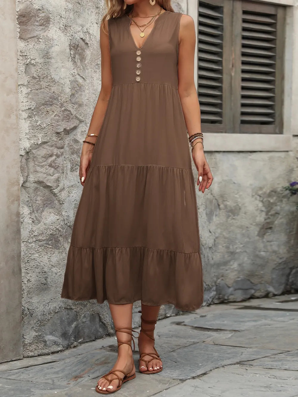 Ivy Lane Decorative Button Notched Sleeveless Dress Trendsi