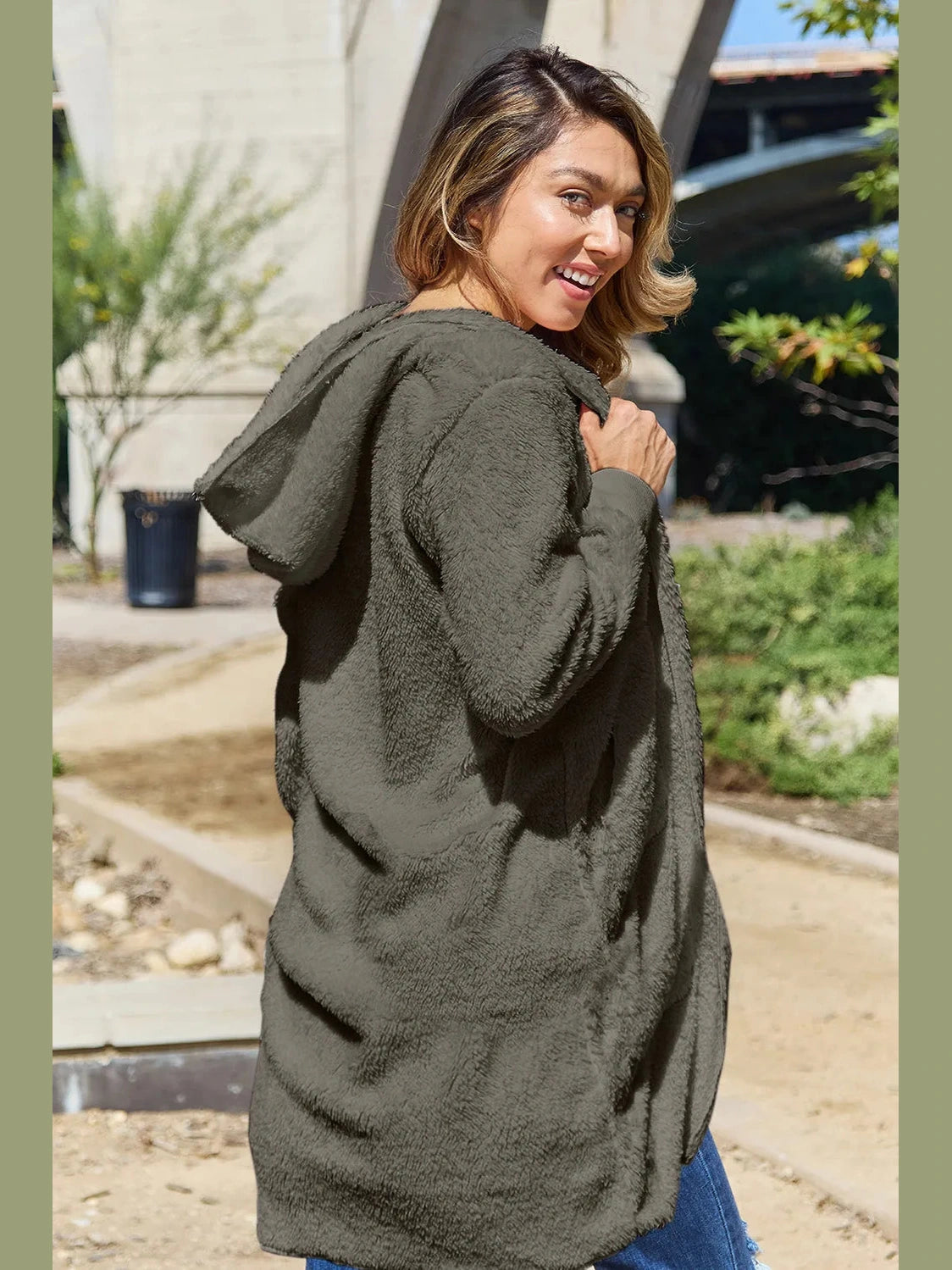 Double Take Full Size Hooded Teddy Bear Jacket with Thumbholes nicholesgifts