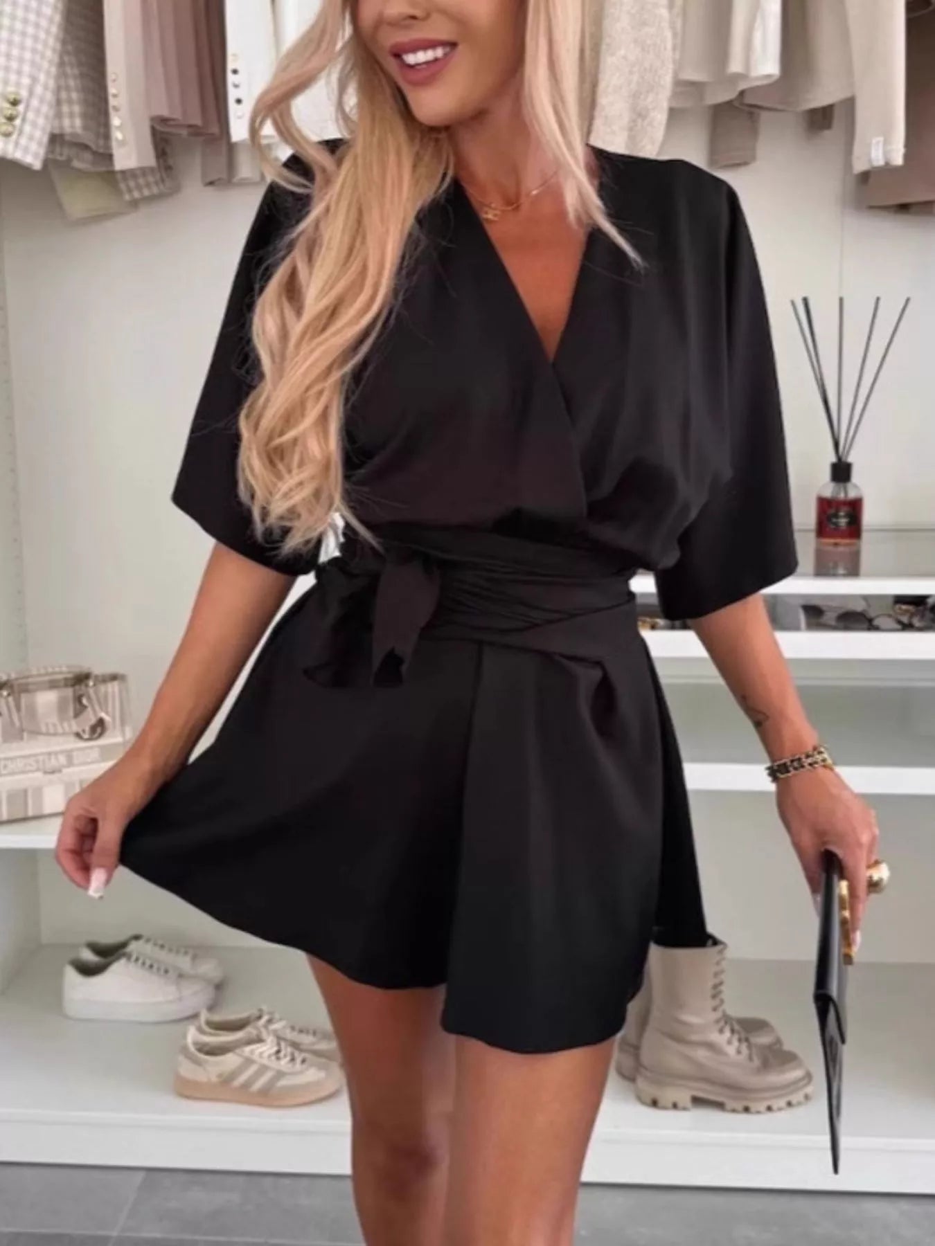 Full Size Surplice Tie Waist Romper Plus Size nicholesgifts