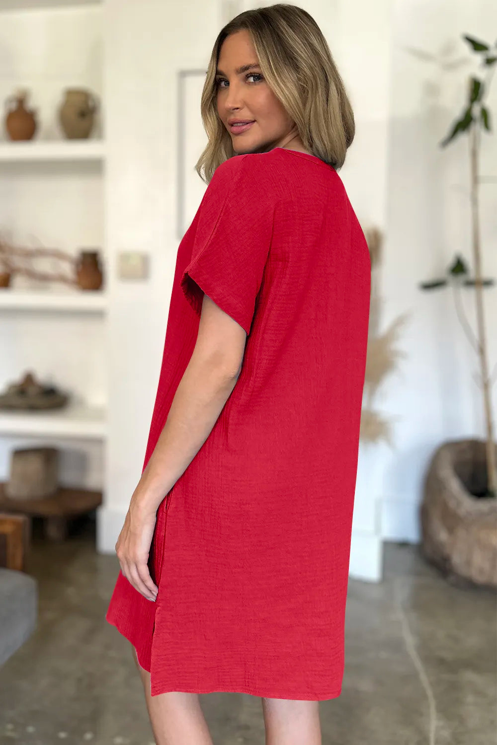 FAM-FAM Slit Notched Short Sleeve Mini Dress Trendsi