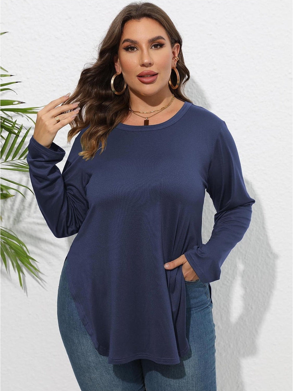 Women Plus Size Round Neck Long Sleeve Slit T-Shirt nicholesgifts