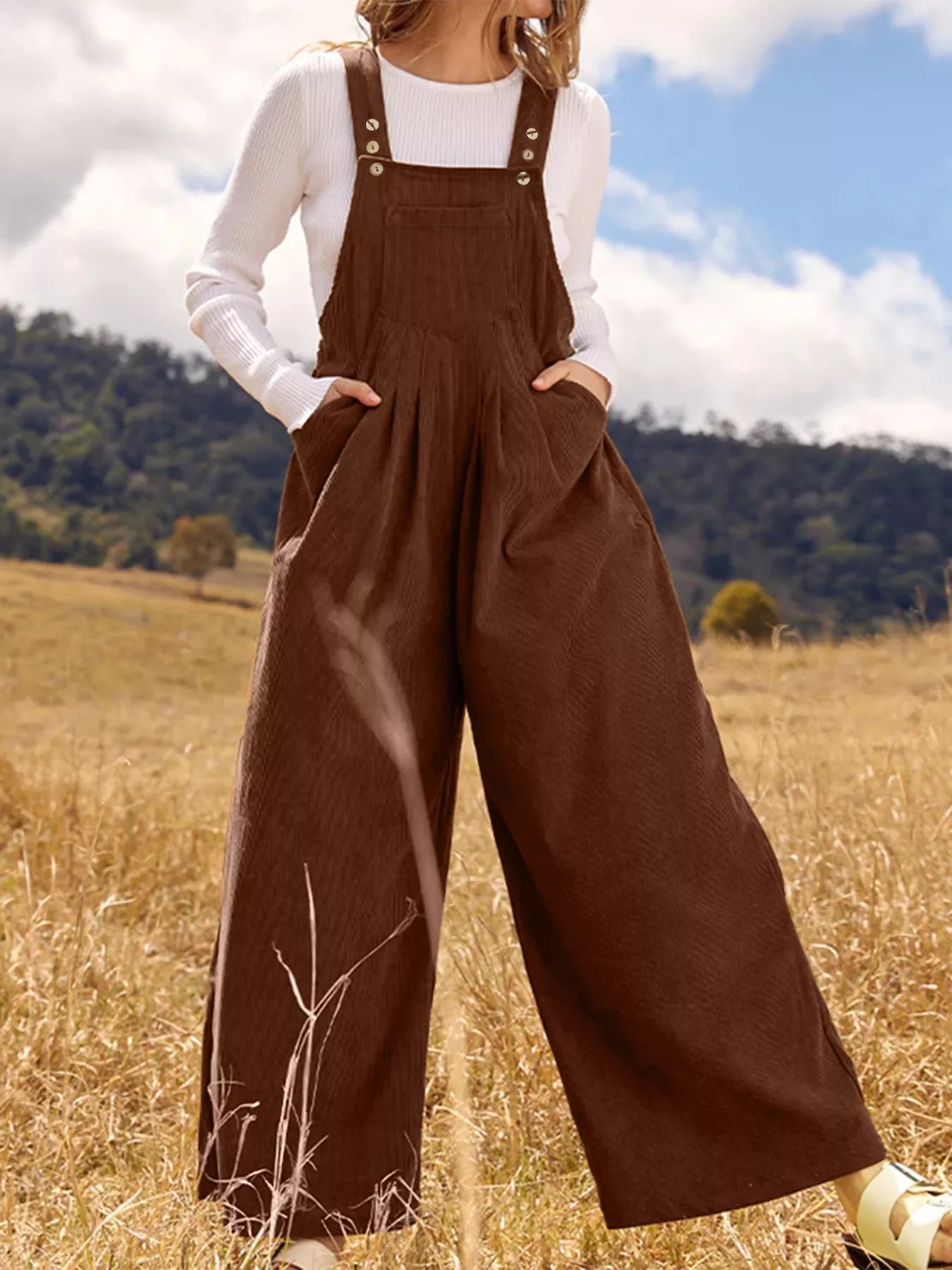Front Ruched Wide Leg Jumpsuit with Pockets nicholesgifts
