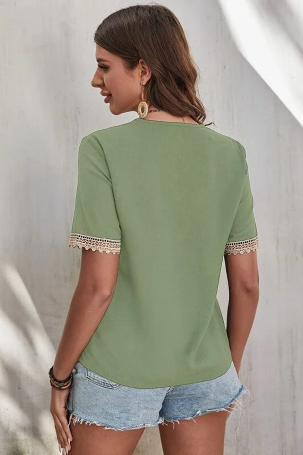 Full Size Lace Detail V-Neck Short Sleeve Blouse nicholesgifts