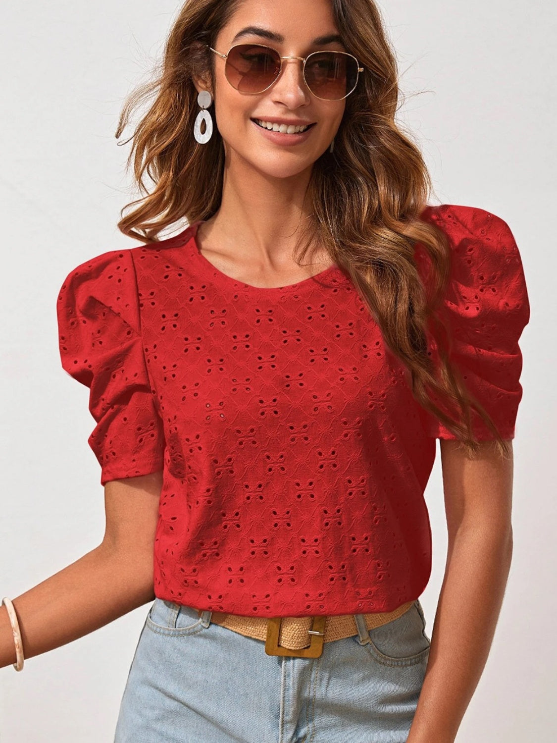 Eyelet Round Neck Puff Sleeve Blouse nicholesgifts