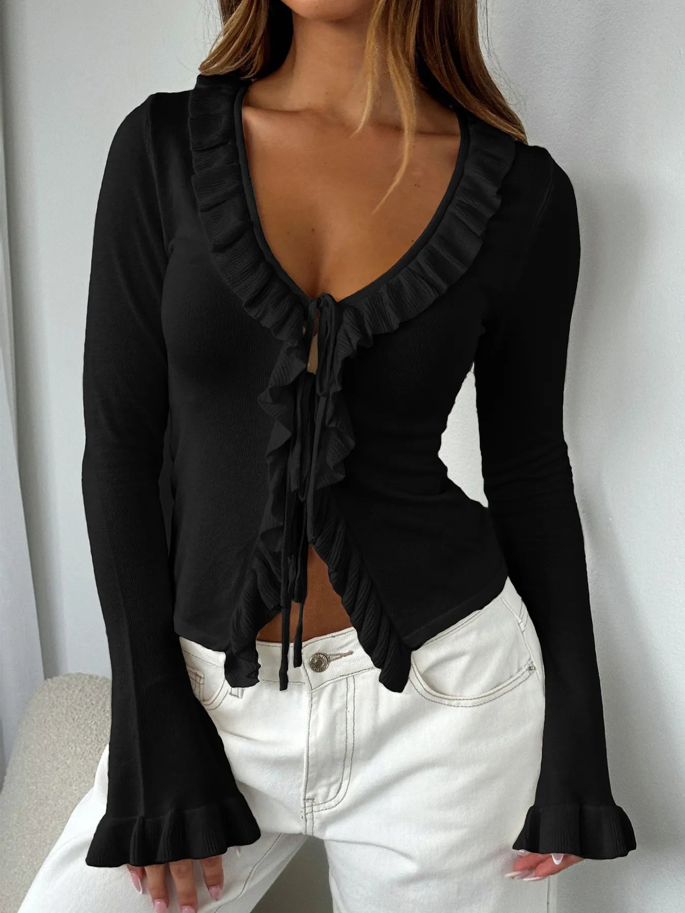 Women Ruffled Tie Front Flare Sleeve Shirt
