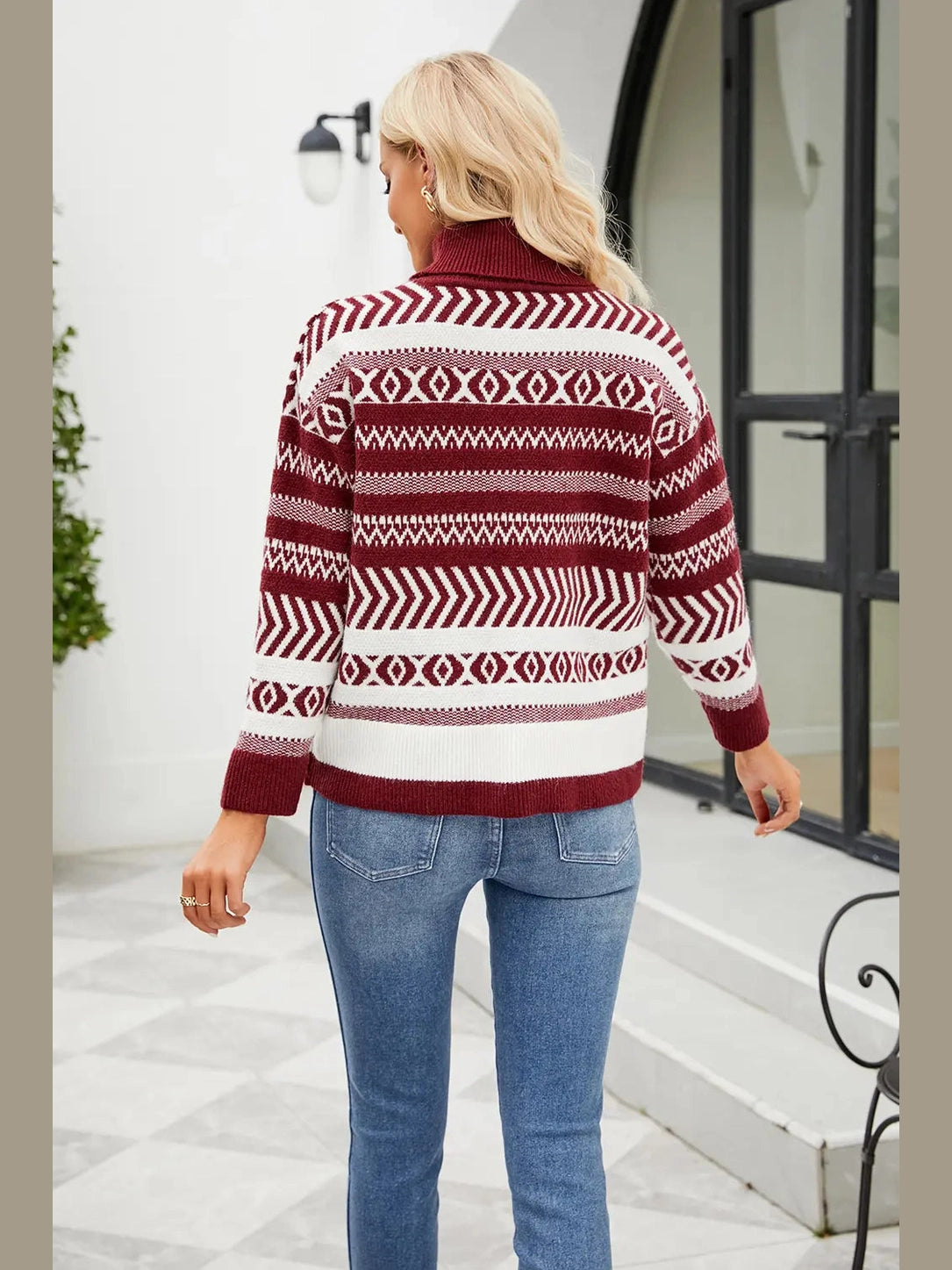Geometric Turtleneck Long Sleeve Sweater Trendsi
