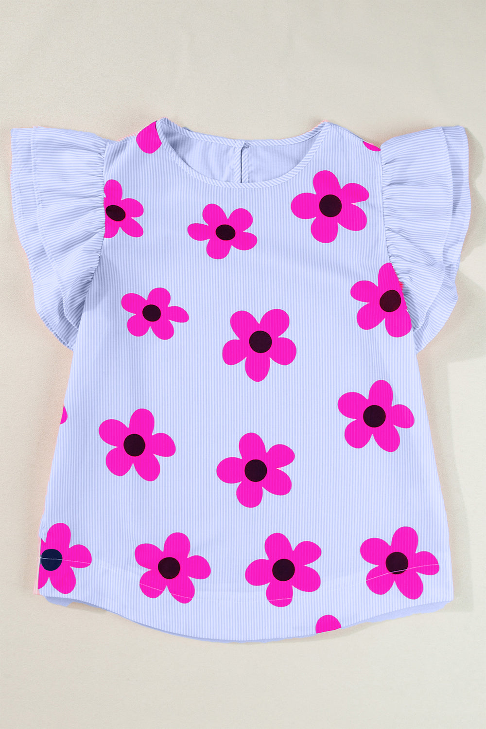 Ruffled Flower Printed Round Neck Cap Sleeve Blouse nicholesgifts