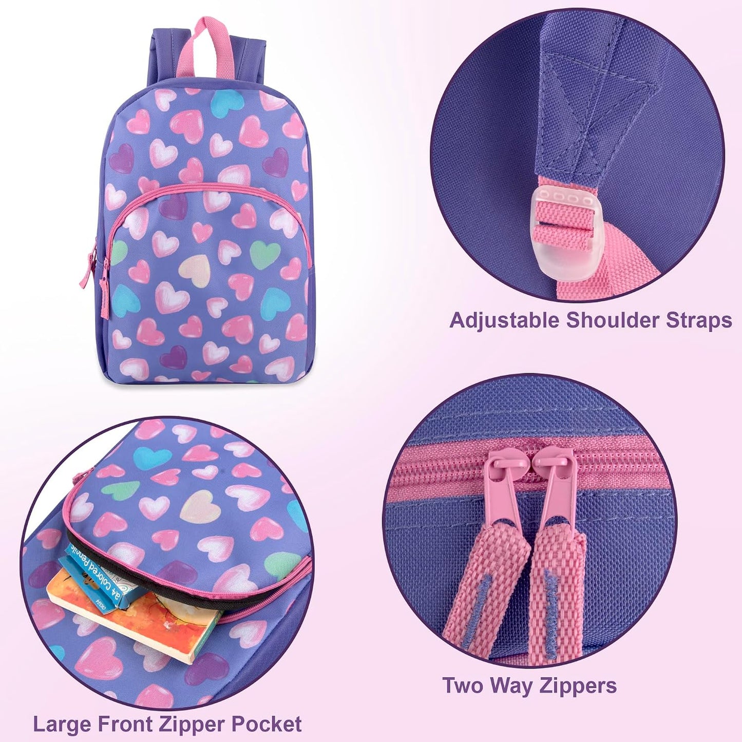 15 Inch Kids Backpacks for Boys & Girls | Preschool, Kindergarten, Elementary School Backpacks with Adjustable, Padded Straps (Happy Hearts)