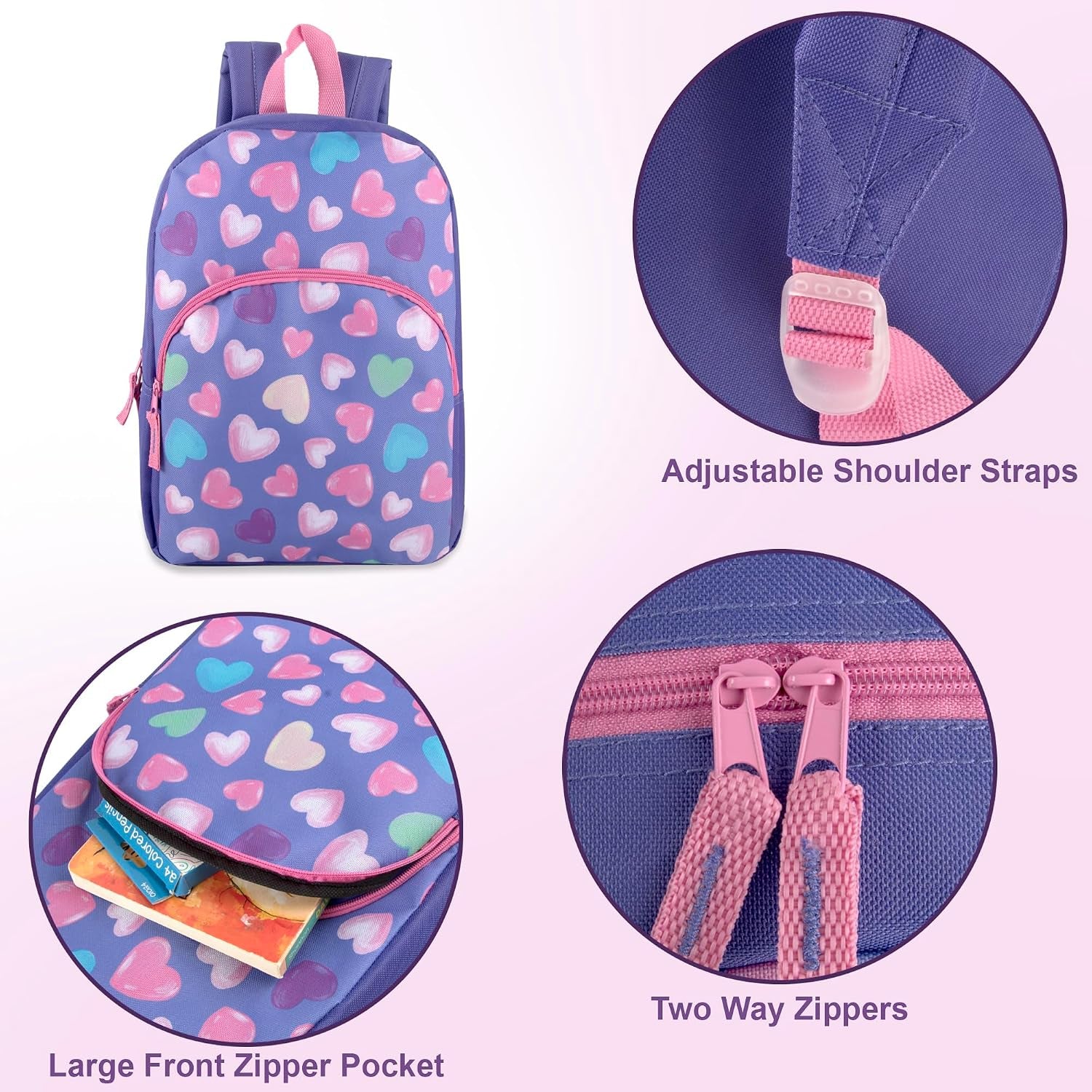 15 Inch Kids Backpacks for Boys & Girls | Preschool, Kindergarten, Elementary School Backpacks with Adjustable, Padded Straps (Happy Hearts)