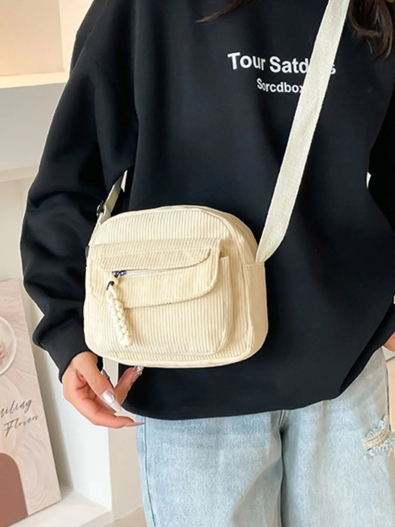 Corduroy Crossbody Bag with Adjustable Strap Trendsi