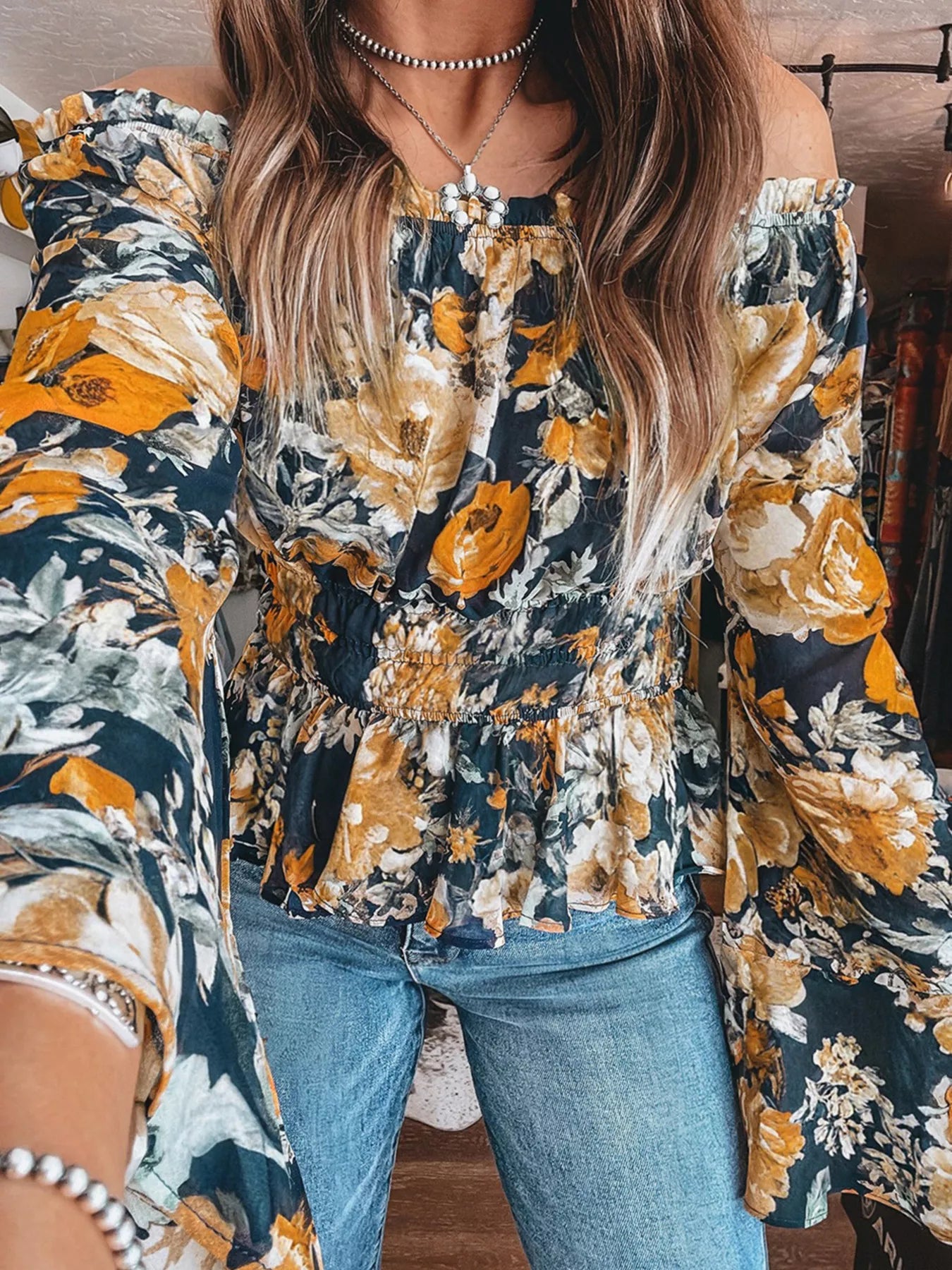 Floral Off Shoulder Bell Sleeve Smocked Peplum Top Trendsi