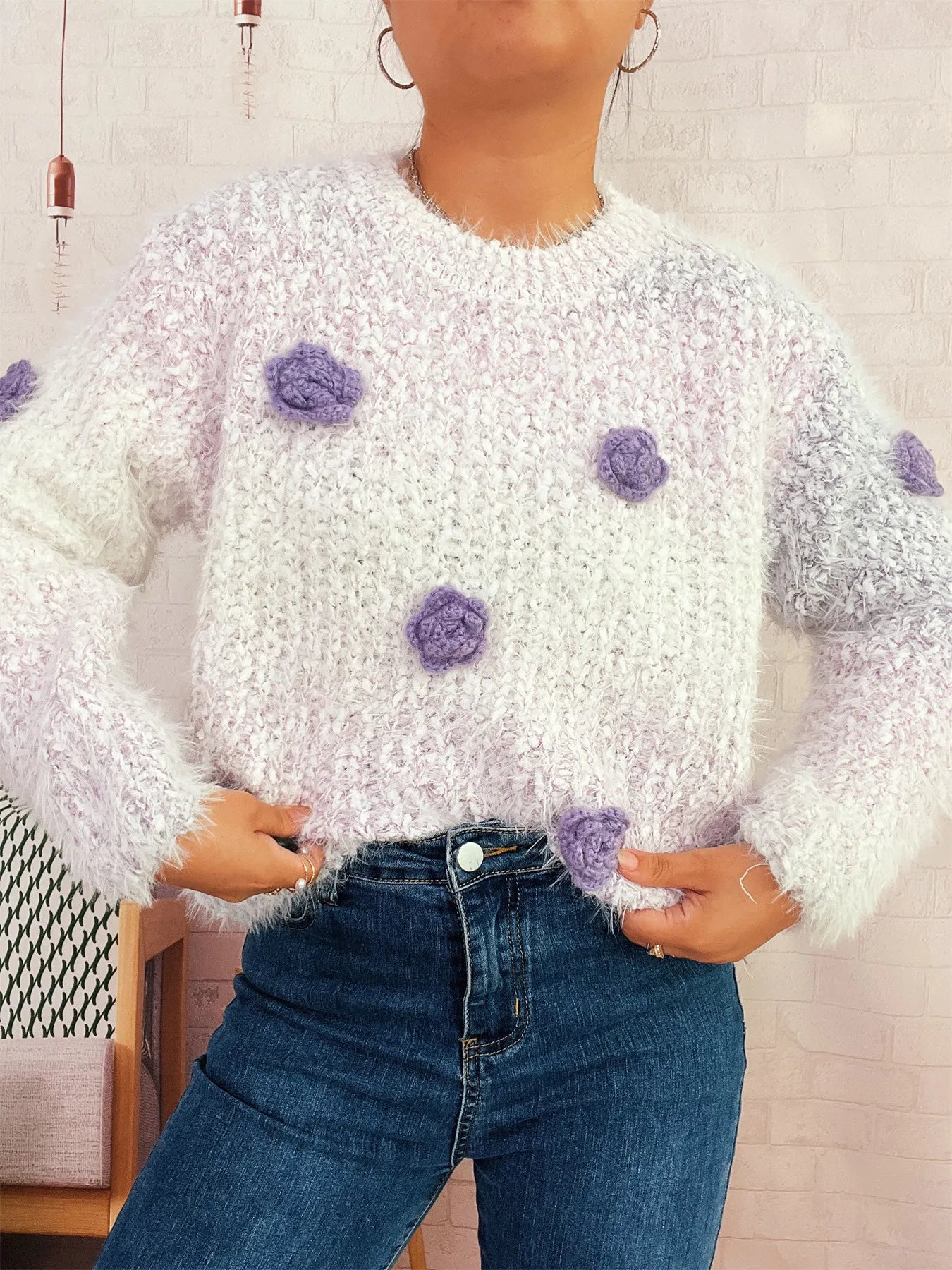 Flower Embellished Round Neck Sweater