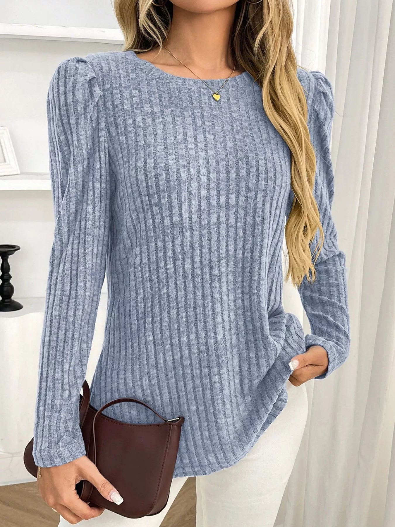 Round Neck Puff Sleeve T-Shirt Trendsi