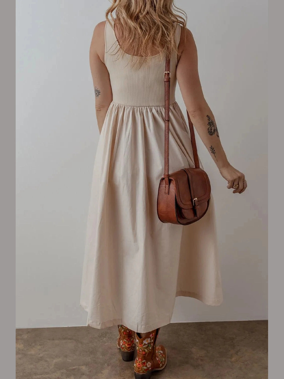 Scoop Neck Ribbed Bodice Sleeveless Midi Tank Dress NicholesGifts