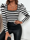 Women Striped Square Neck Puff Long Sleeve T-Shirt nicholesgifts